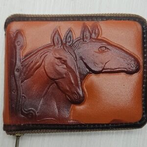 Vintage Hand Tooled Leather Horse Wallet Brown Zip Around Bifold Wallet
